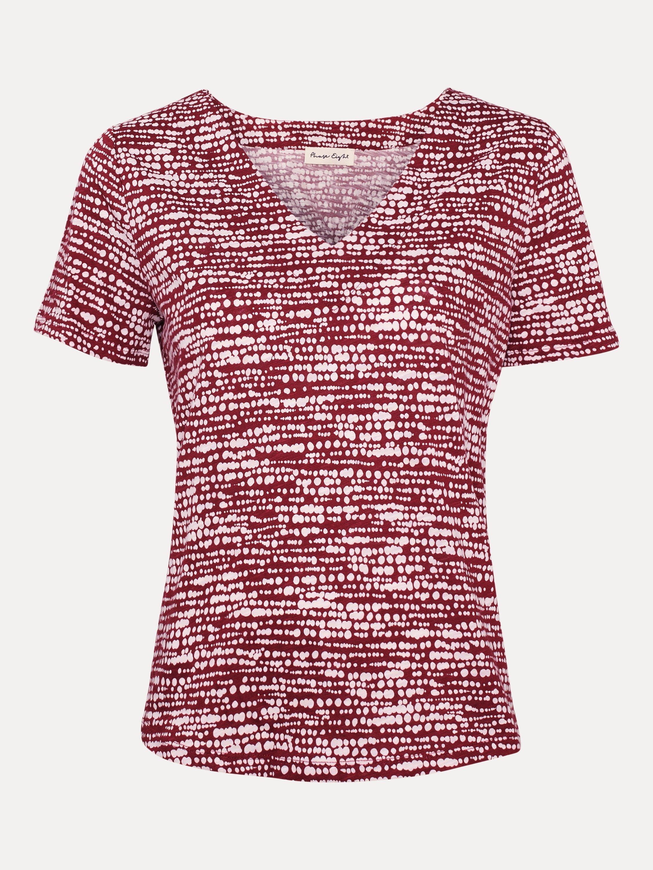 Product image 5 of 7, which shows Phase Eight Alice V-Neck Spotty Print Cotton Top, Burgundy/White, 8