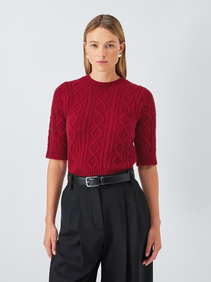 John Lewis Soft Cable Knit Short Sleeve Jumper, Red, Red