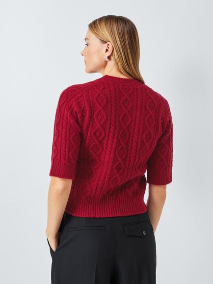 John Lewis Soft Cable Knit Short Sleeve Jumper, Red - view 2, Red