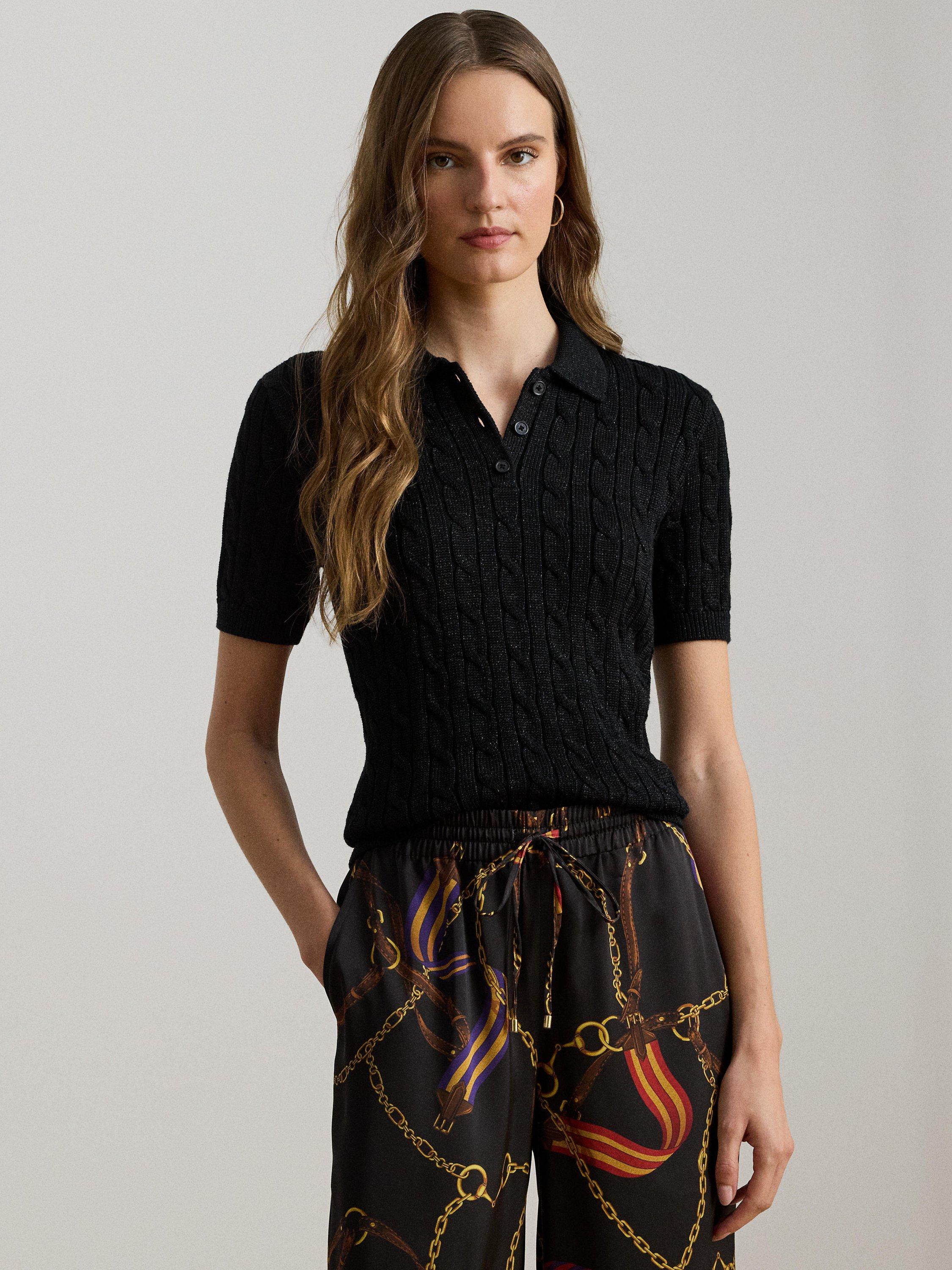 Lauren Ralph Lauren Natrissa Metallic Cable Knit Polo Sweater, Black