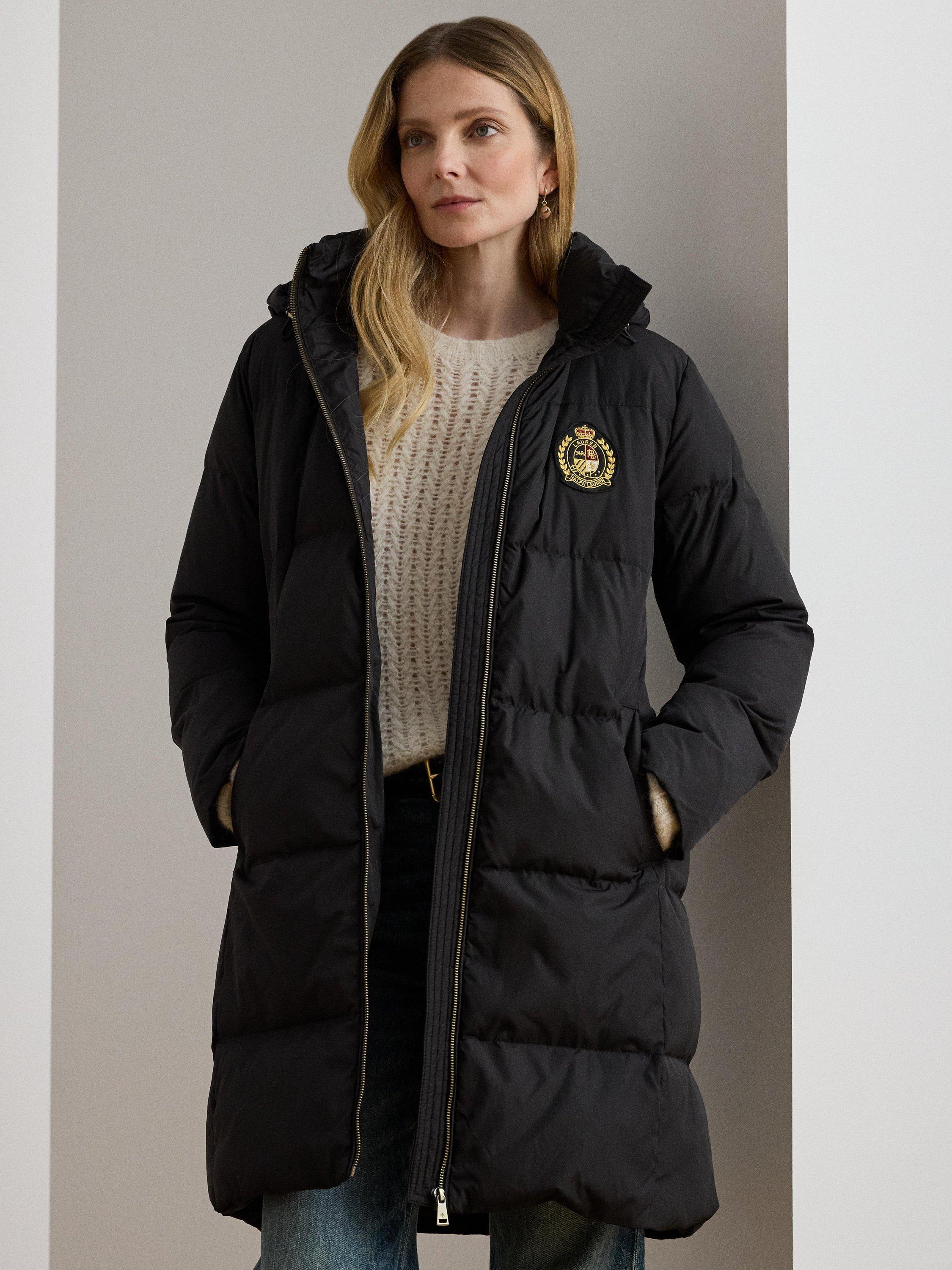 Product image 1 of 6, which shows Lauren Ralph Lauren Crest Patch Hooded Quilted Down Coat, Black, XS