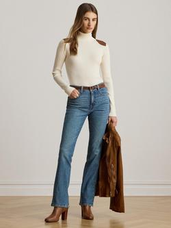 Lauren Ralph Lauren Amanda Faux Leather Trim Ribbed Turtleneck Jumper, Cream - view 2, Cream