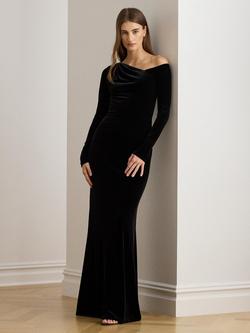 Lauren Ralph Lauren Cateema Asymmetric Velvet Maxi Dress, Black, Black