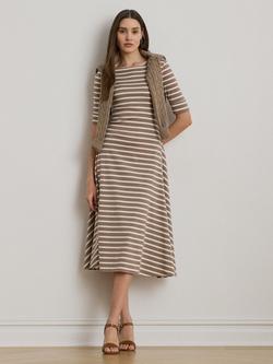Lauren Ralph Lauren Munzie Stripe Jersey Midi Dress, Taupe/Cream, Taupe/Cream