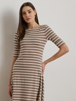 Lauren Ralph Lauren Munzie Stripe Jersey Midi Dress, Taupe/Cream - view 2, Taupe/Cream