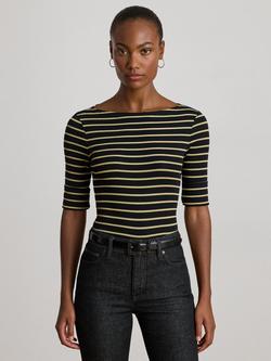 Lauren Ralph Lauren Judy Metallic Stripe Boat Neck Cotton Blend T-Shirt, Black/Gold