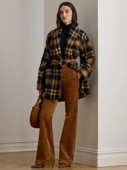 Lauren Ralph Lauren Darda Check Wool Blend Shawl Collar Wrap Coat, Navy/Brown/Multi, Navy/Brown/Multi