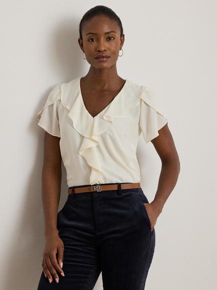 Lauren Ralph Lauren Badayn Ruffle Trim Georgette Blouse, Mascarpone Cream - view 2, Mascarpone Cream