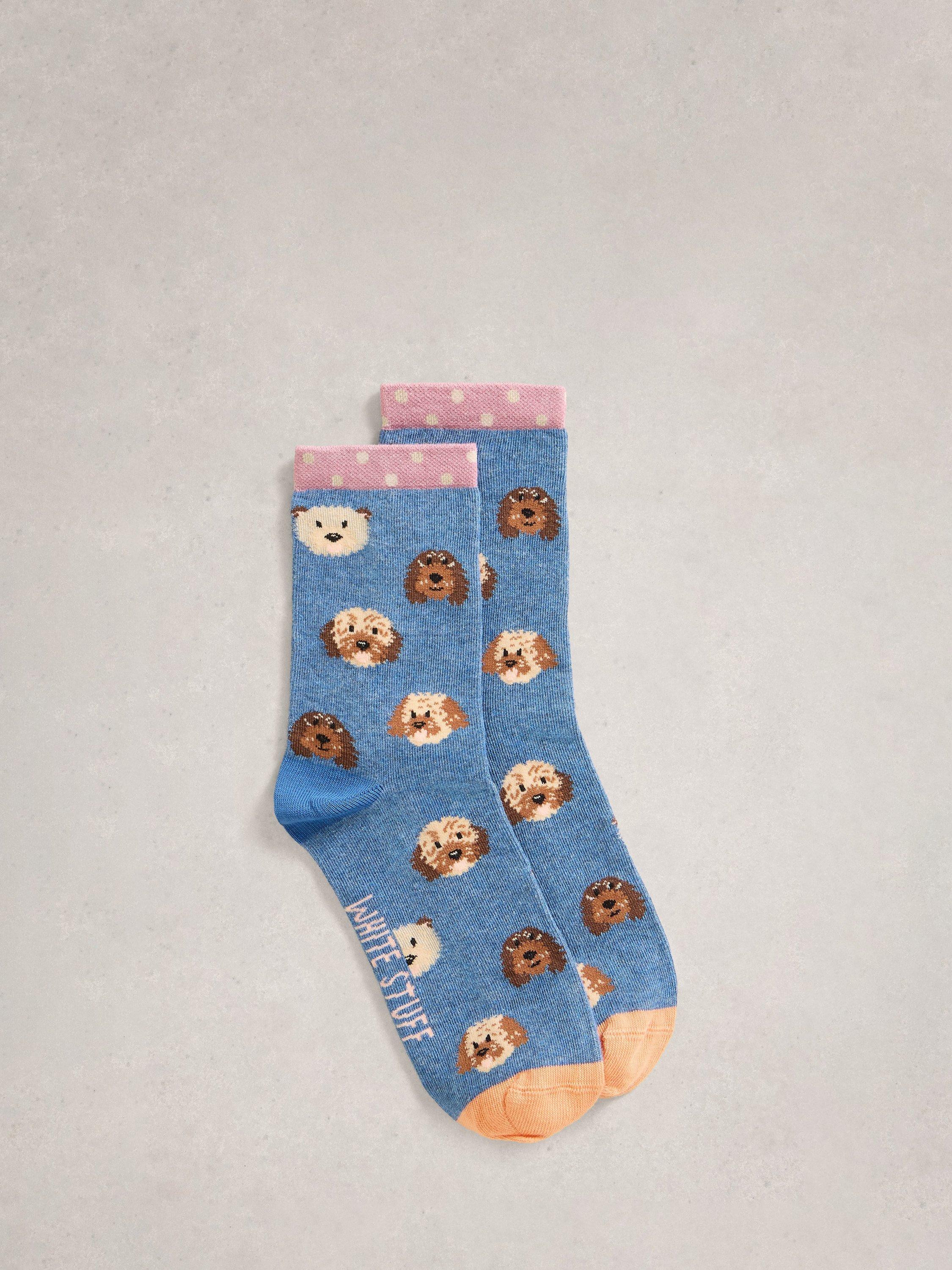 Product image 1 of 2, which shows White Stuff Puppy Print Cotton Blend Novelty Socks, Blue/Multi, 3-5.5
