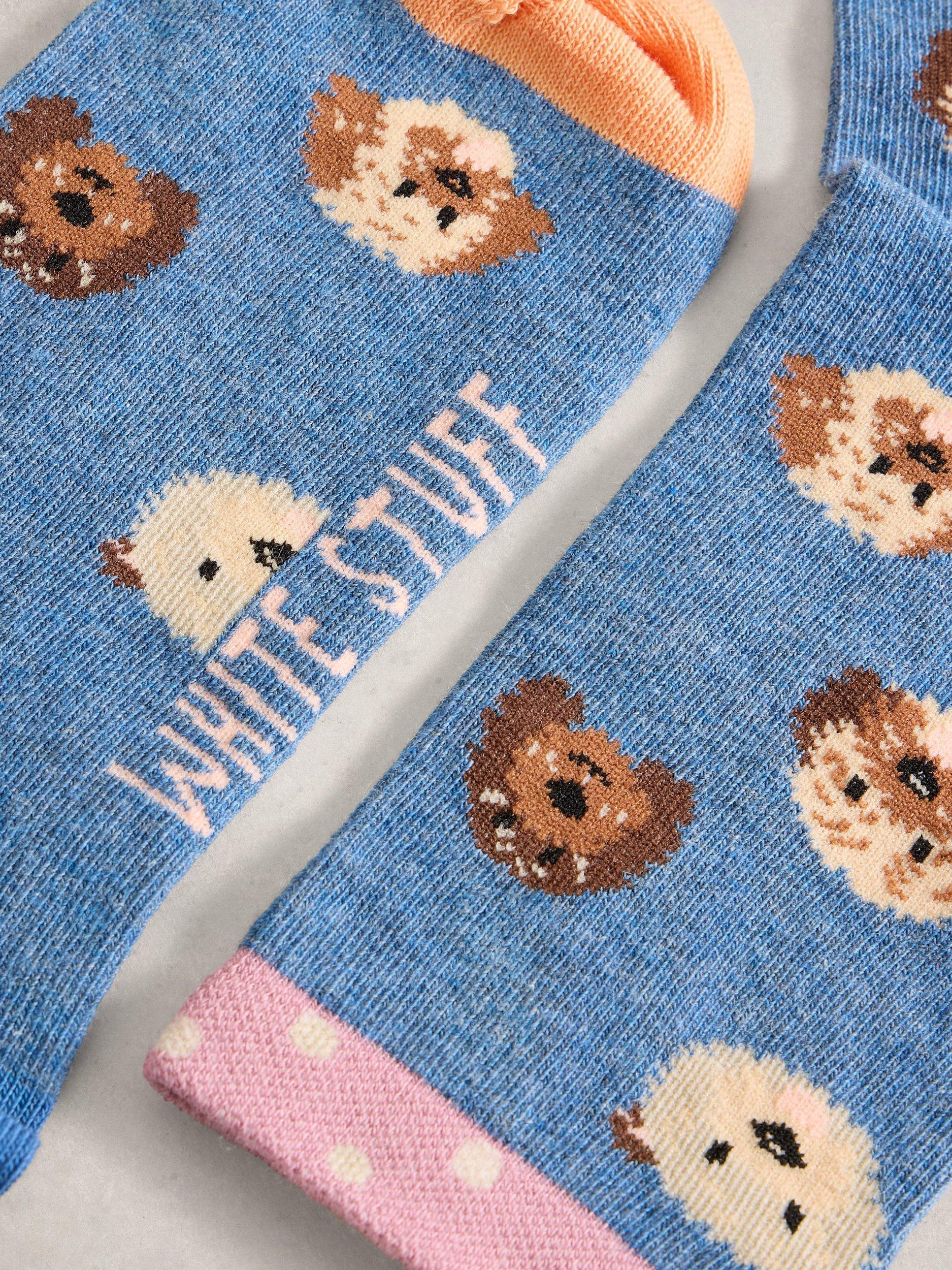 Product image 2 of 2, which shows White Stuff Puppy Print Cotton Blend Novelty Socks, Blue/Multi, 3-5.5