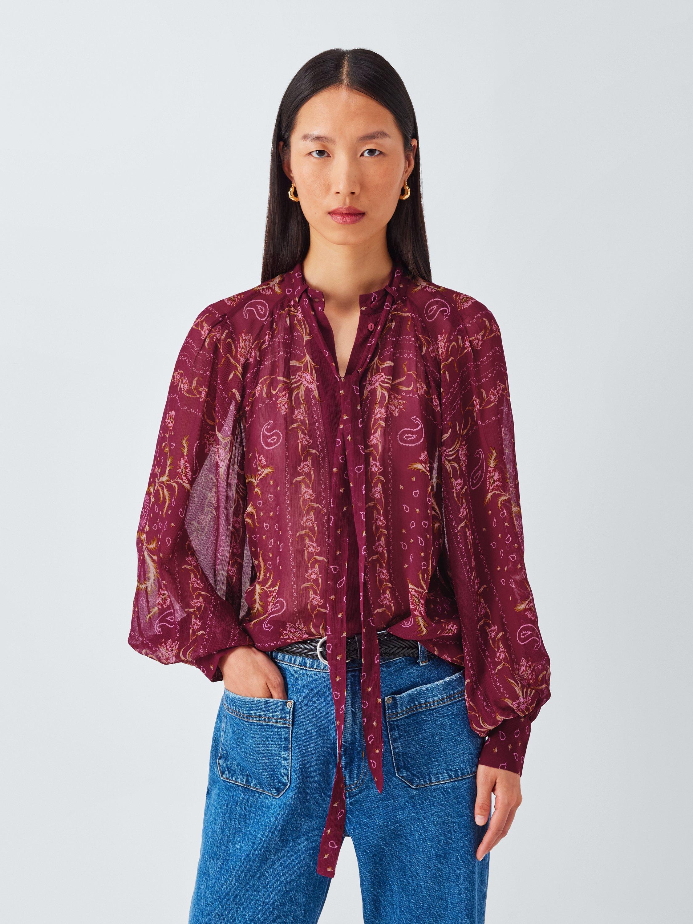 Product image 1 of 6, which shows AND/OR Paisley Tie Neck Top, Burgundy, 6