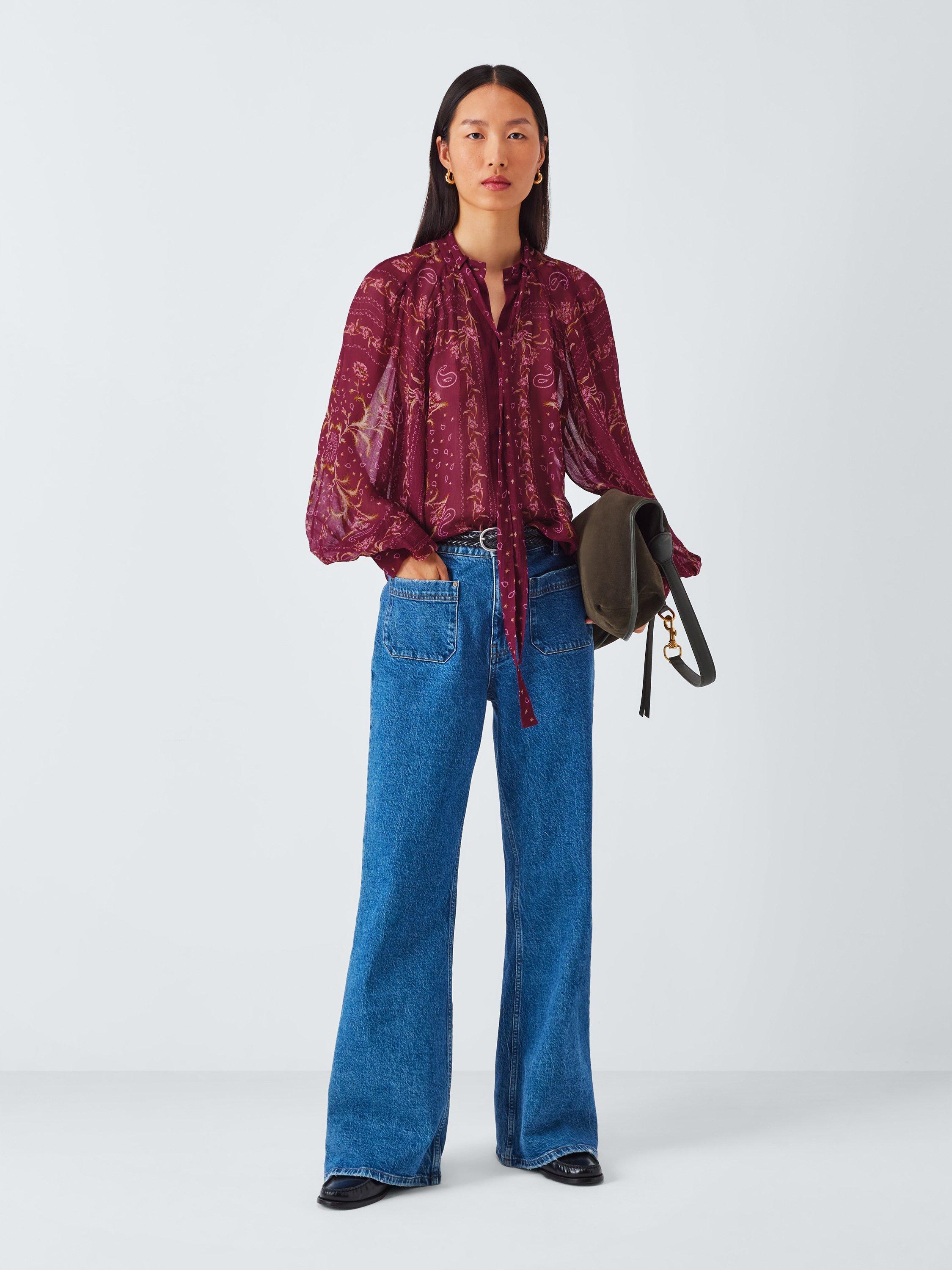 Product image 3 of 6, which shows AND/OR Paisley Tie Neck Top, Burgundy, 6