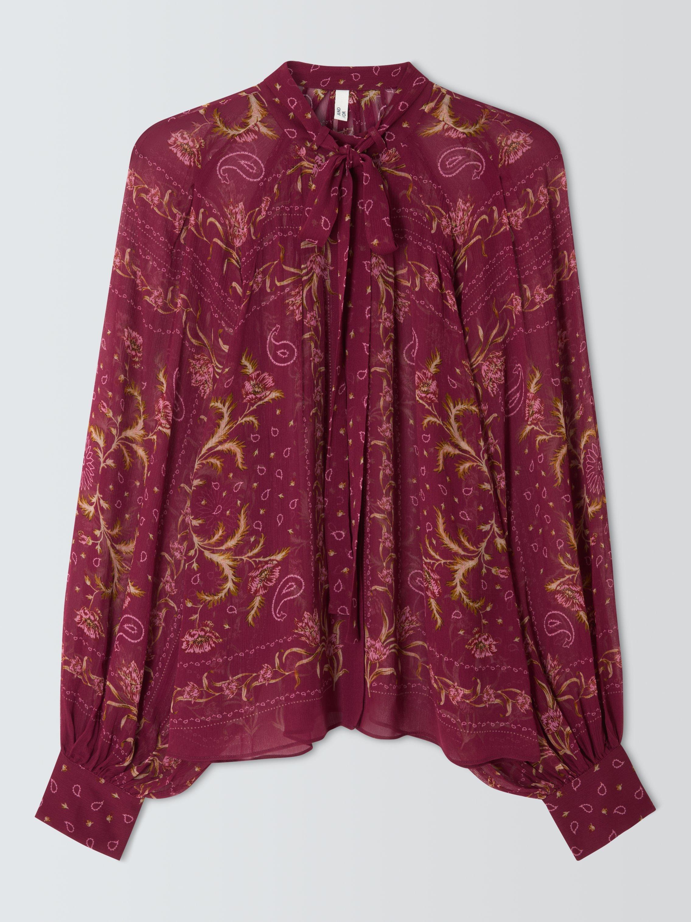 Product image 4 of 6, which shows AND/OR Paisley Tie Neck Top, Burgundy, 6