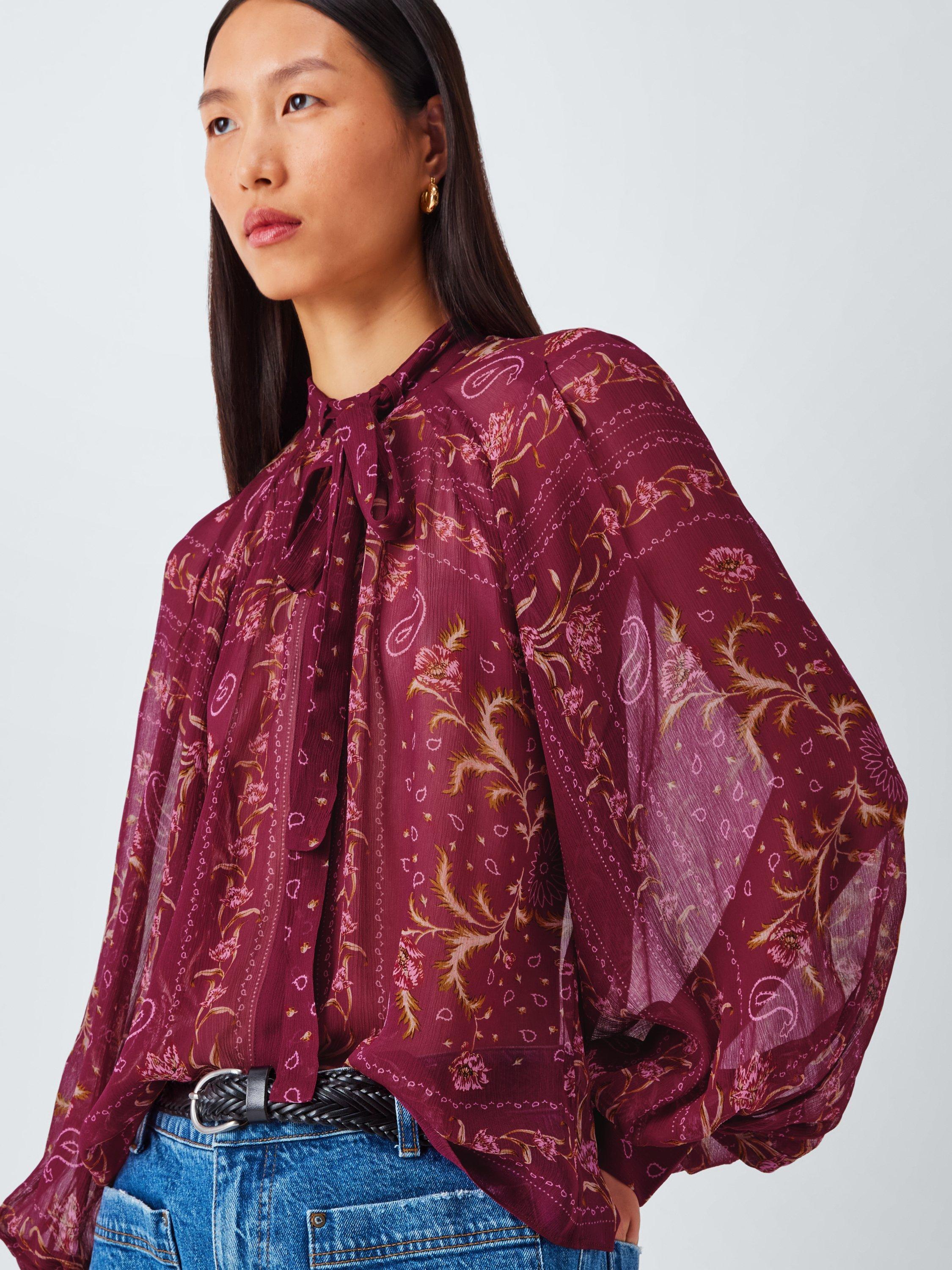 Product image 6 of 6, which shows AND/OR Paisley Tie Neck Top, Burgundy, 6