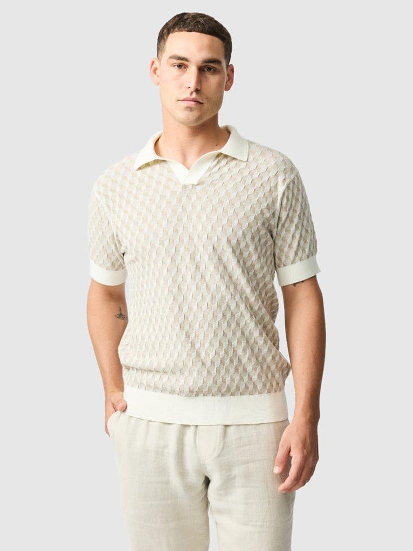 Product image 1 of 5, which shows Rodd & Gunn Galdfield Geo Cotton Regular Fit Short Sleeve Knitted Polo Shirt, Cream, XS