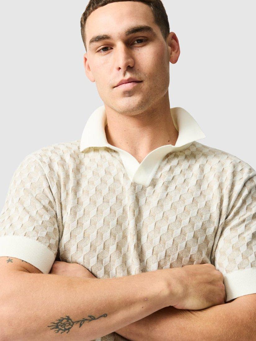 Product image 4 of 5, which shows Rodd & Gunn Galdfield Geo Cotton Regular Fit Short Sleeve Knitted Polo Shirt, Cream, XS