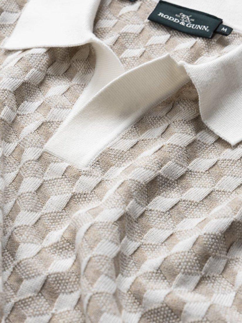 Product image 5 of 5, which shows Rodd & Gunn Galdfield Geo Cotton Regular Fit Short Sleeve Knitted Polo Shirt, Cream, XS