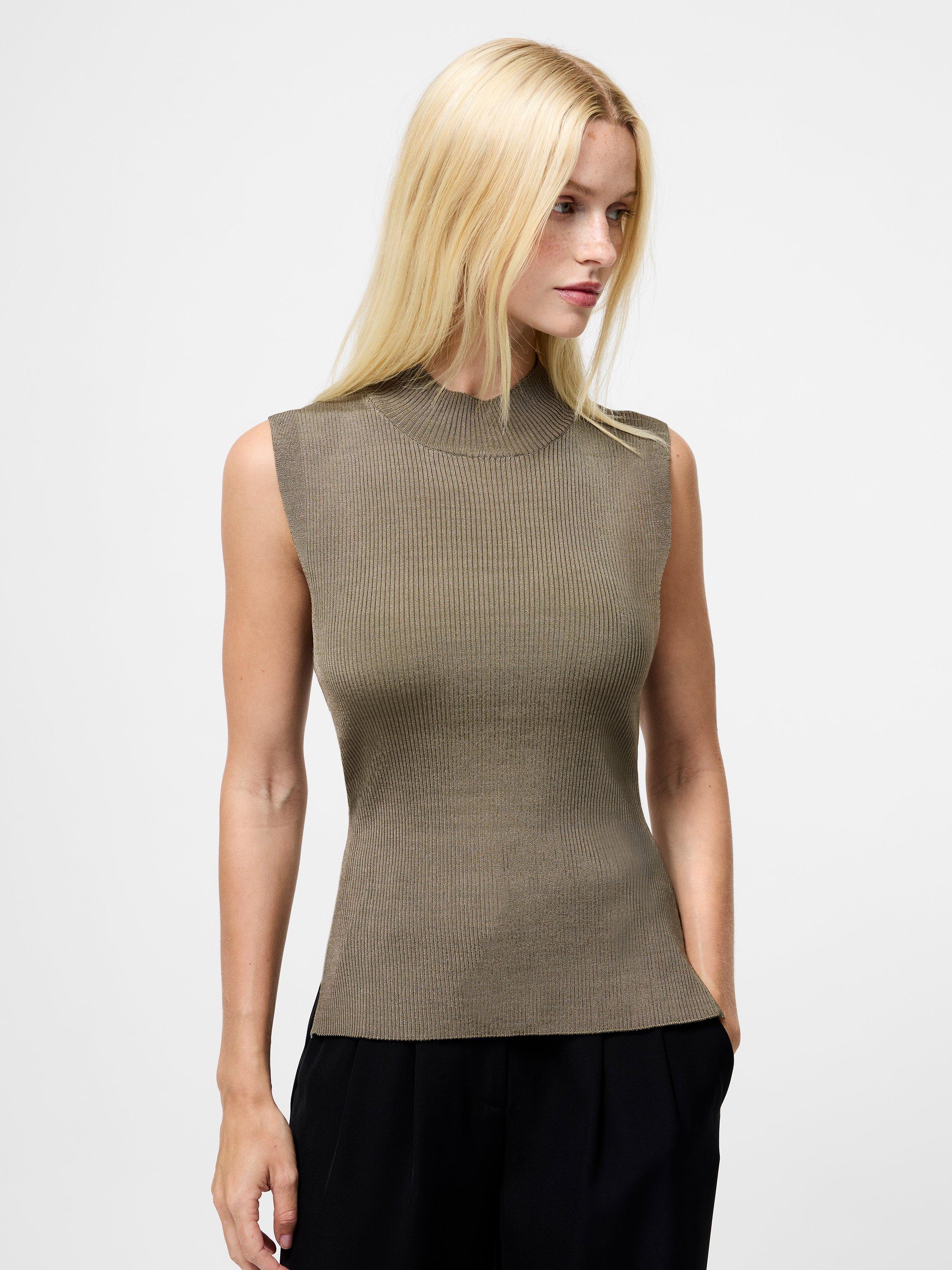 Product image 1 of 5, which shows French Connection Sleeveless High Neck Ribbed Jumper, Washed Khaki, XS