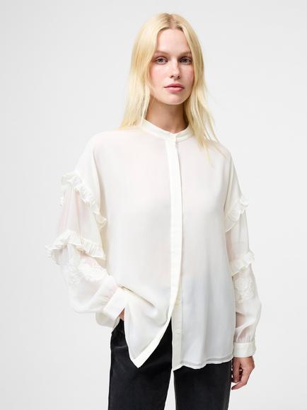 French Connection Emina Chiffon Embroidered Long Sleeve Shirt, Porcelain Cream