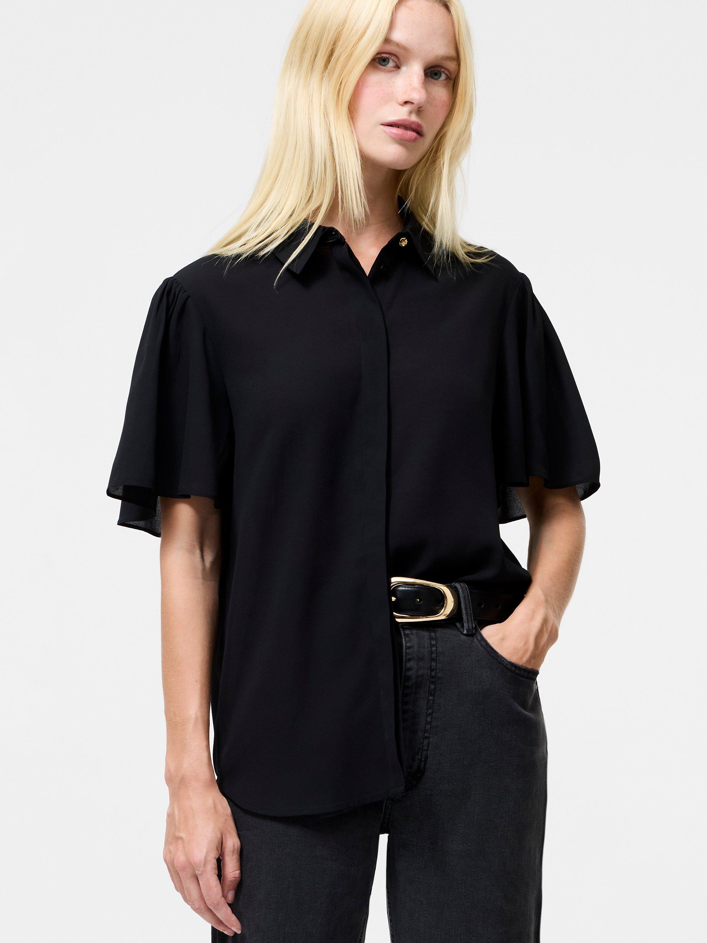 Product image 2 of 5, which shows French Connection Mila Flutter Sleeve Shirt, Black, 8