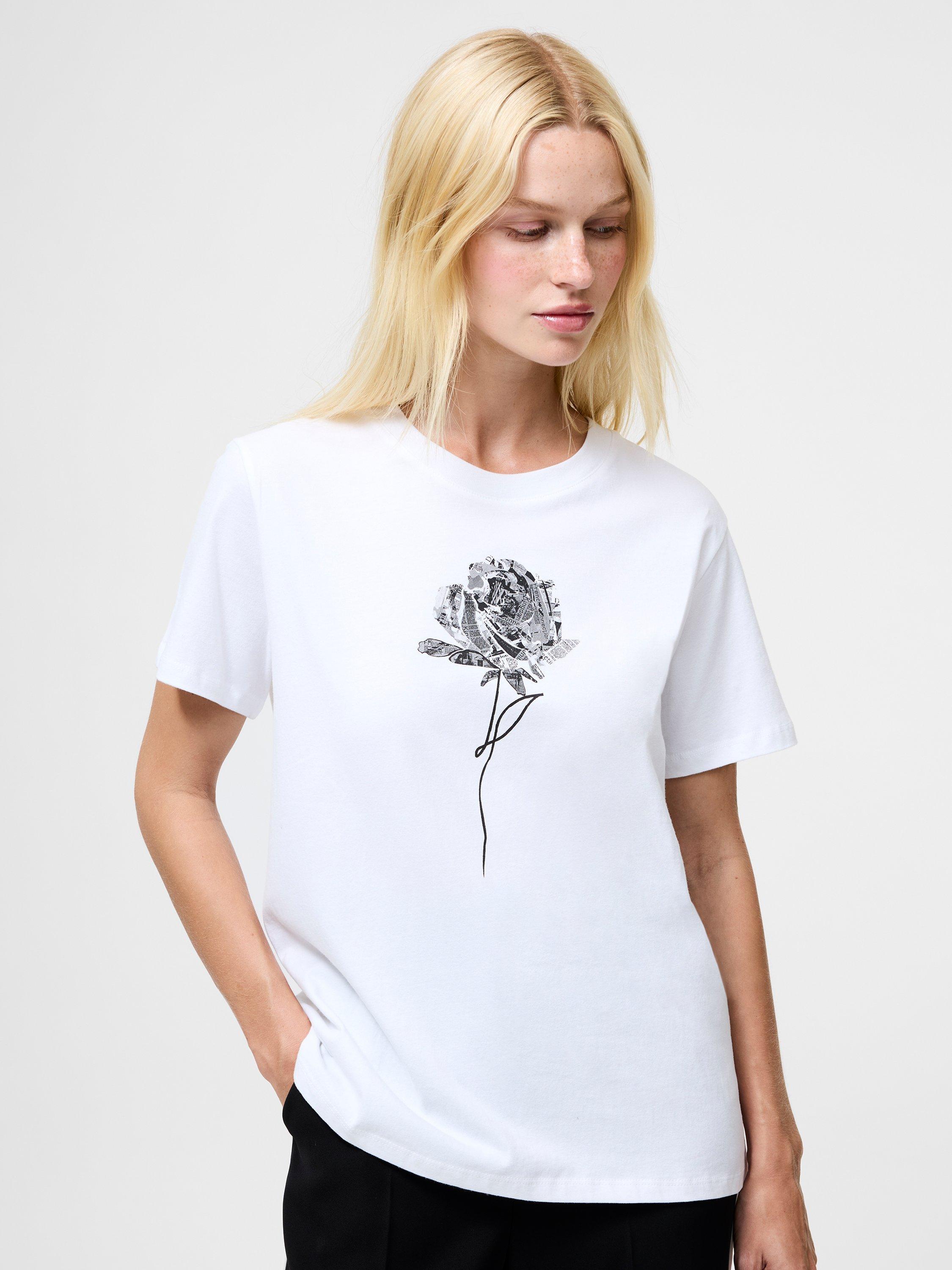 Product image 1 of 5, which shows French Connection Cotton Rose Print Graphic T-Shirt, White/Black, S
