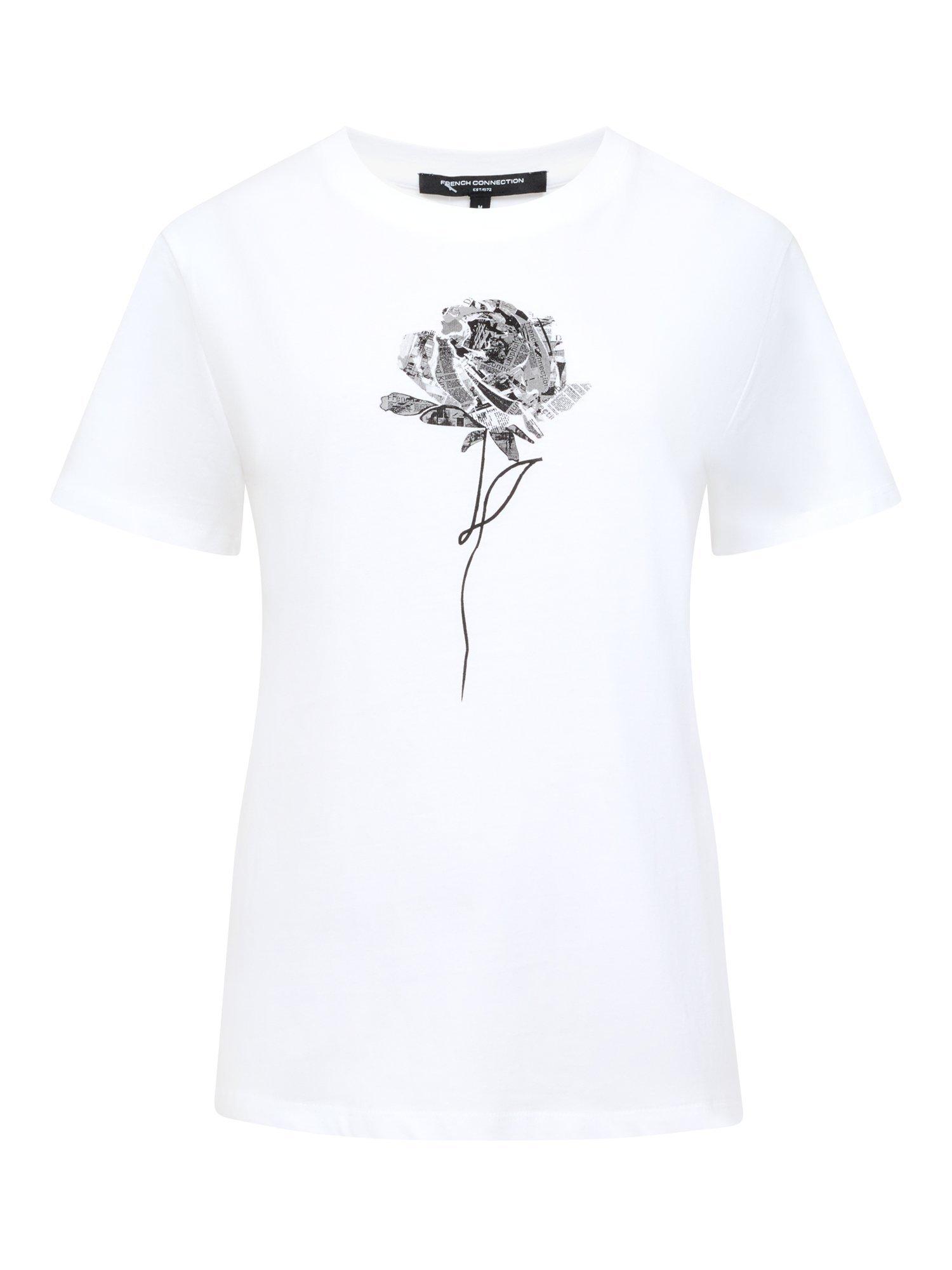 Product image 5 of 5, which shows French Connection Cotton Rose Print Graphic T-Shirt, White/Black, S