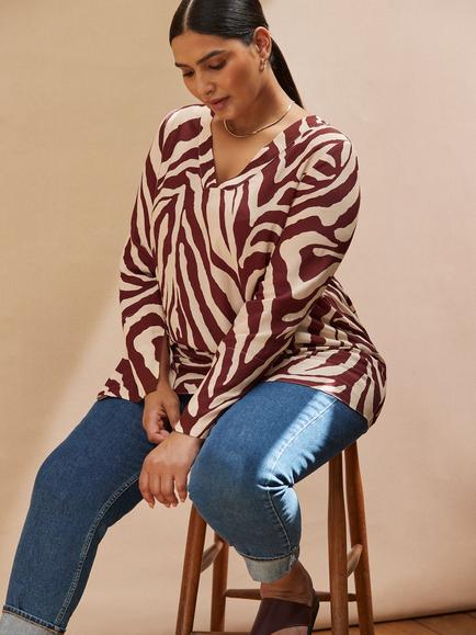 Live Unlimited Curve Animal Print Split Sleeve Top, Cream/Multi - view 2, Cream/Multi