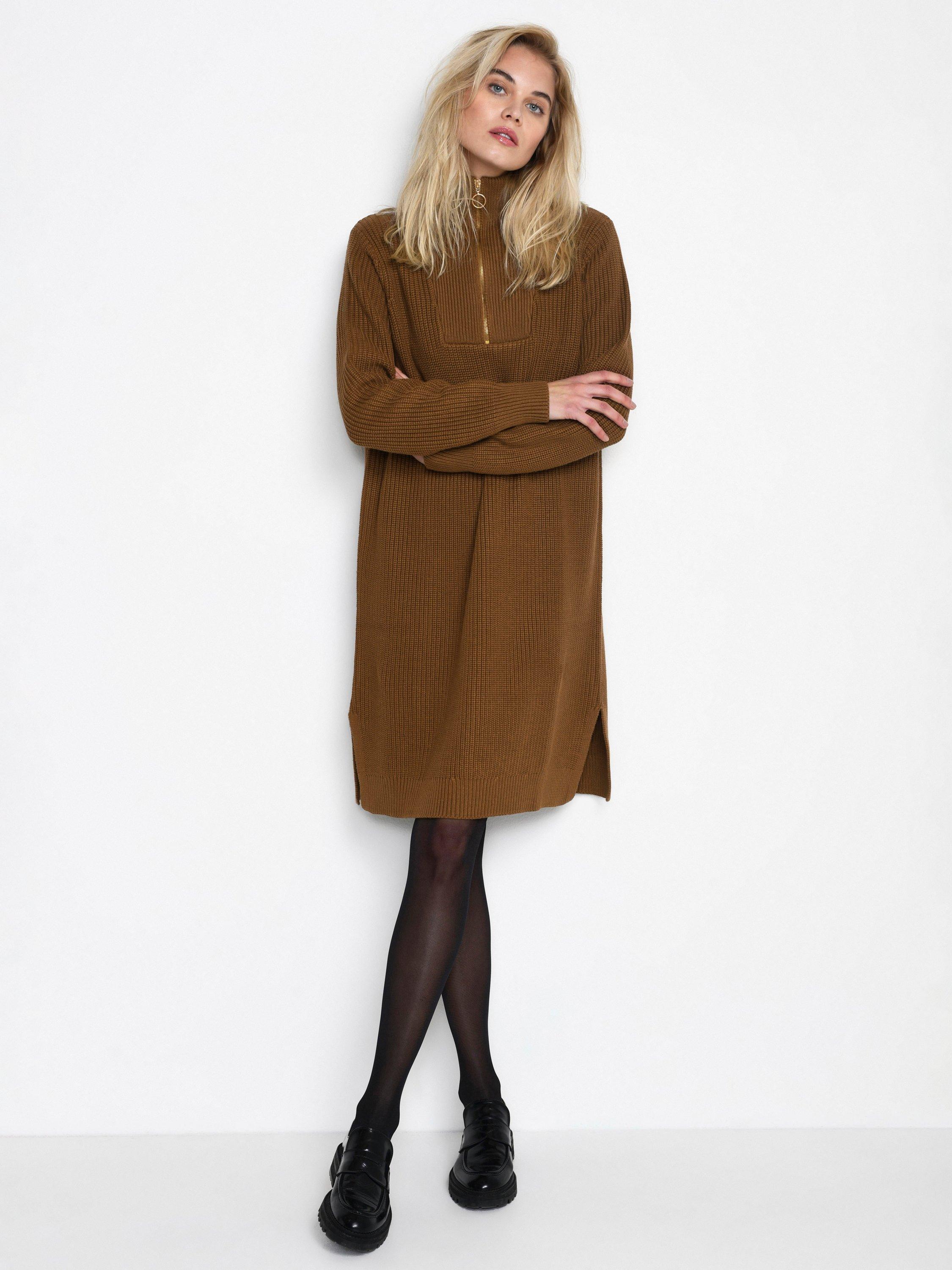 Product image 1 of 6, which shows KAFFE Lioa 1/2 Zip Knit Dress, Mid Brown, XS