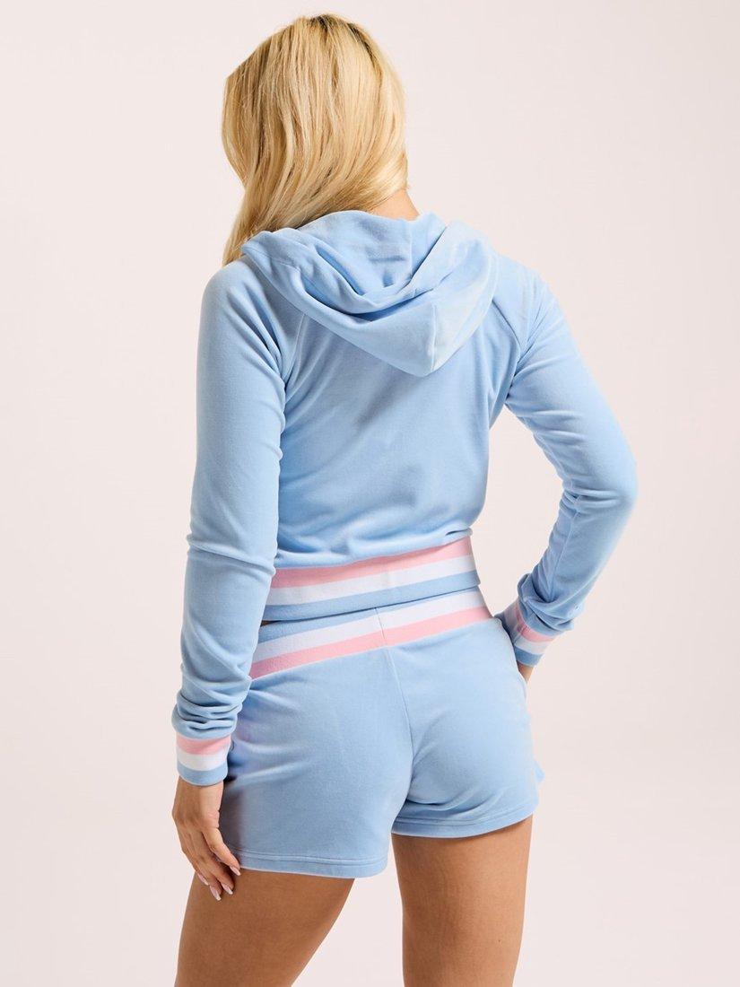 Product image 2 of 4, which shows Juicy Couture Stripe Band Velour Booty Shorts, Powder Blue, XS