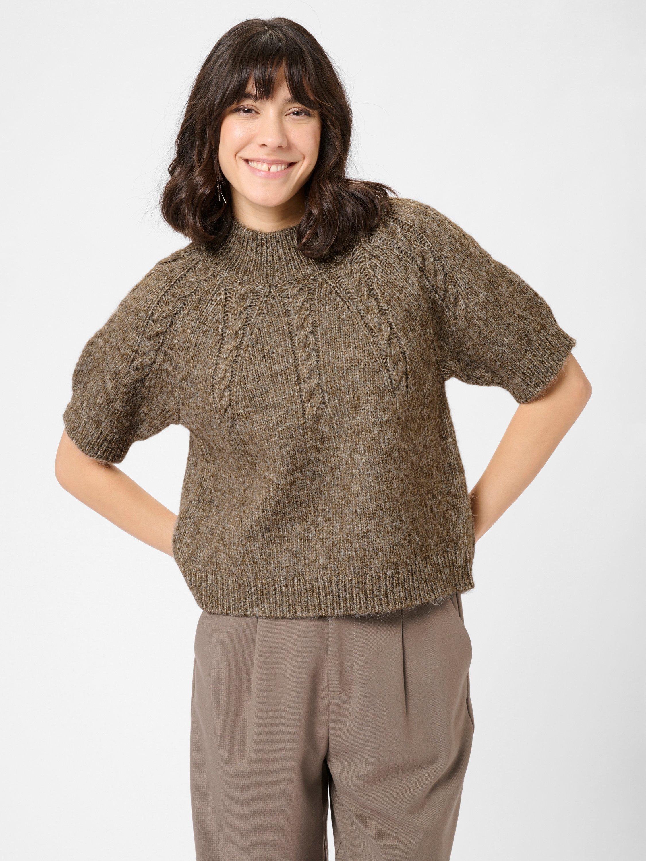 Product image 1 of 6, which shows KAFFE Cuba Cable Knit Short Sleeve Jumper, Mid Brown, XS