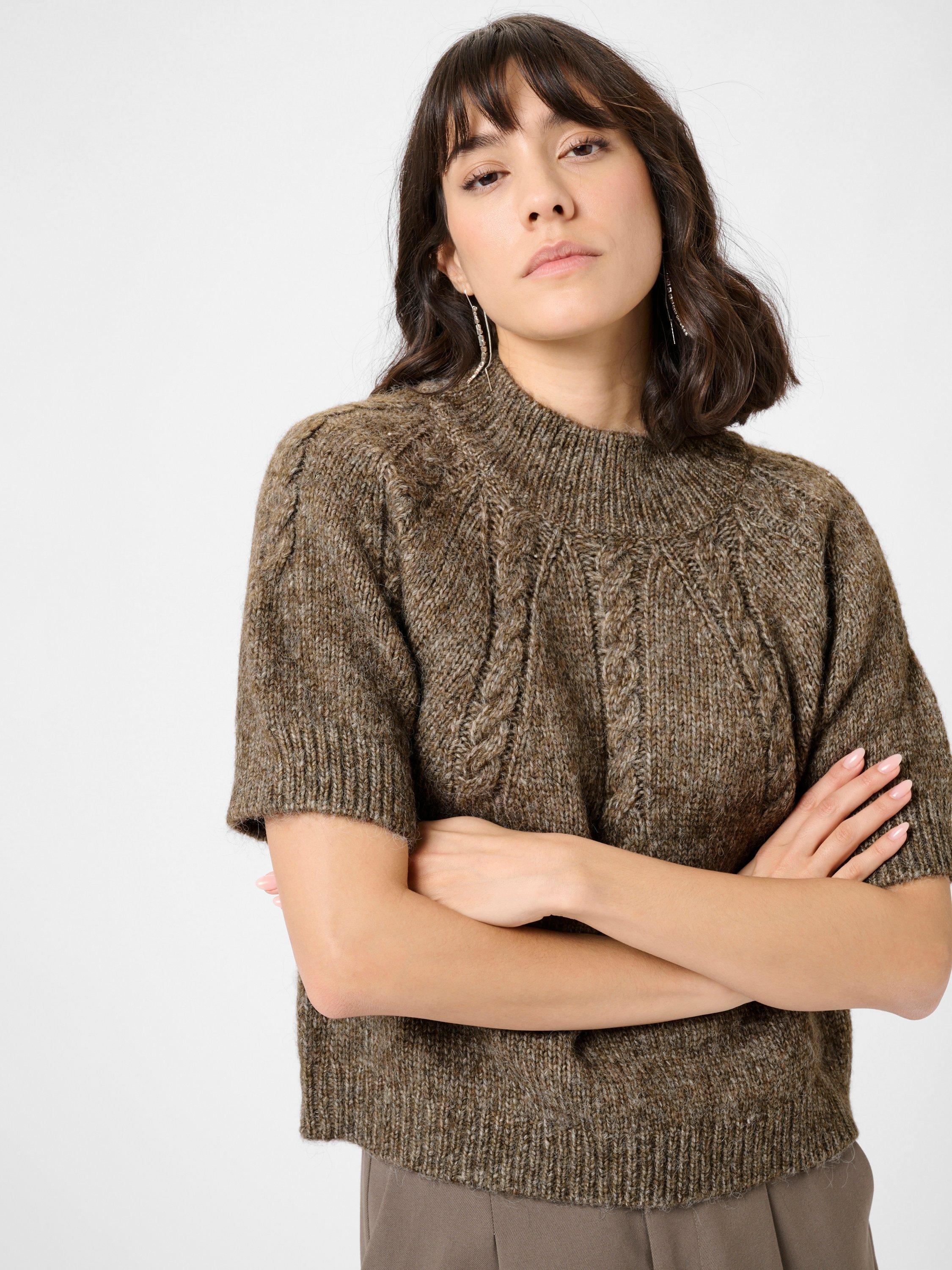 Product image 4 of 6, which shows KAFFE Cuba Cable Knit Short Sleeve Jumper, Mid Brown, XS