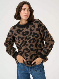 KAFFE KAwilma Animal Print Crew Neck Wool Blend Knit Jumper, Brown/Multi