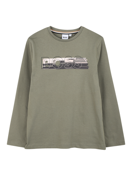 HUGO BOSS Kids' Cotton Long Sleeved T-Shirt, Green, Green