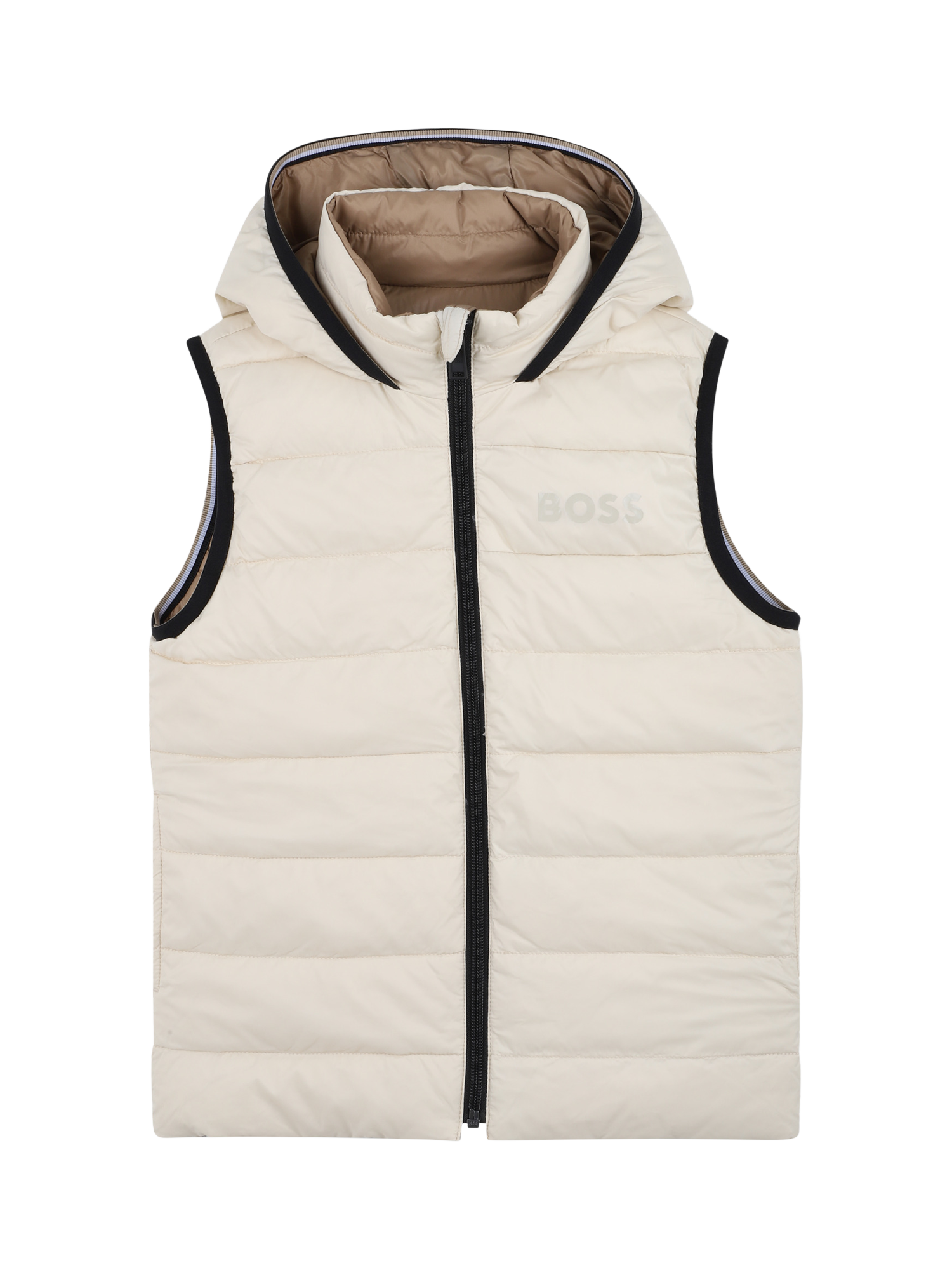 Product image 1 of 2, which shows HUGO BOSS Kids' Reversible Puffer Gilet, Sand, 4 years