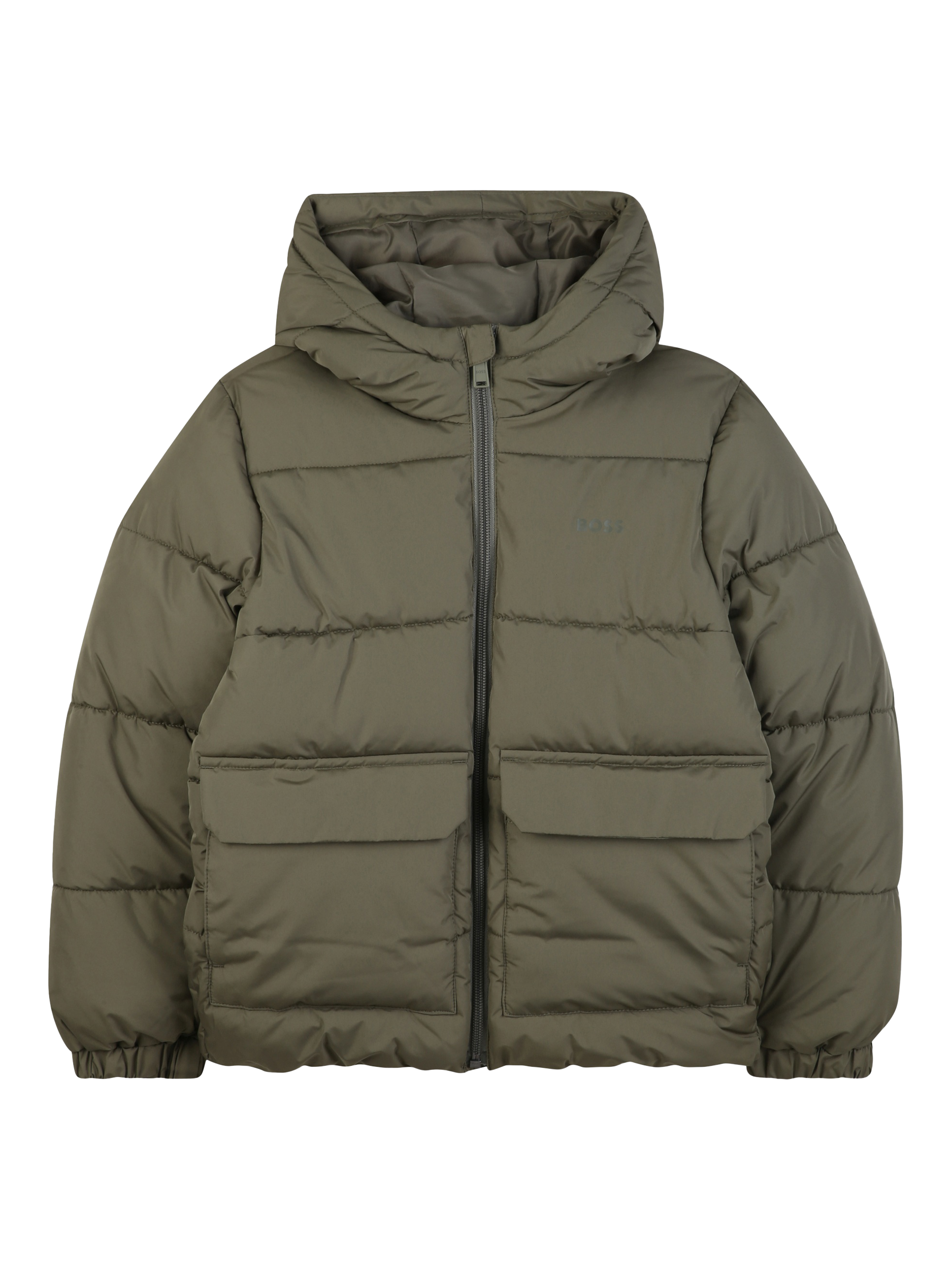 Product image 1 of 2, which shows HUGO BOSS Kids' Hooded Puffer Jacket, Green, 4 years