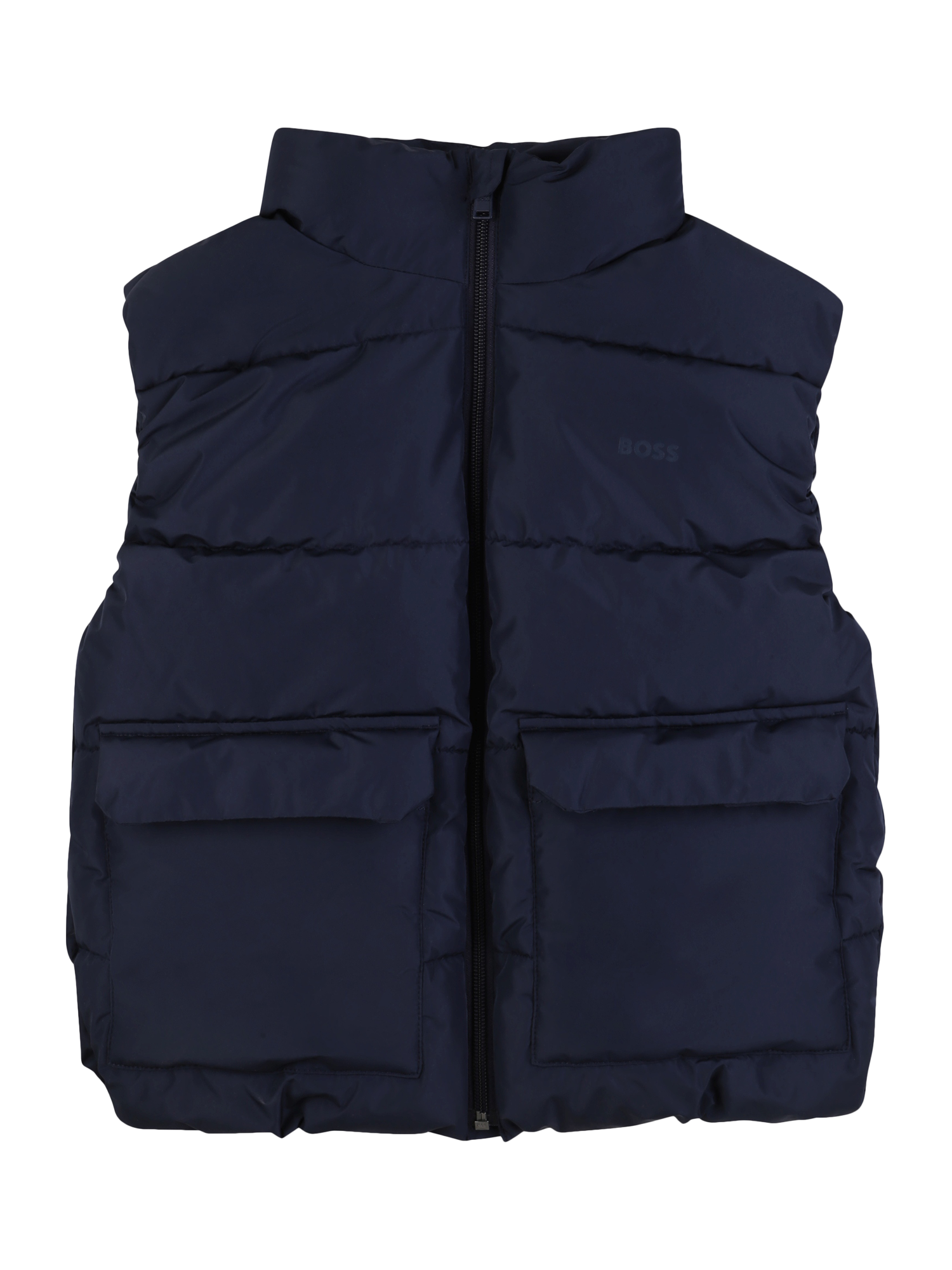 Product image 1 of 2, which shows HUGO BOSS Kids' Padded Logo Gilet, Navy, 4 years