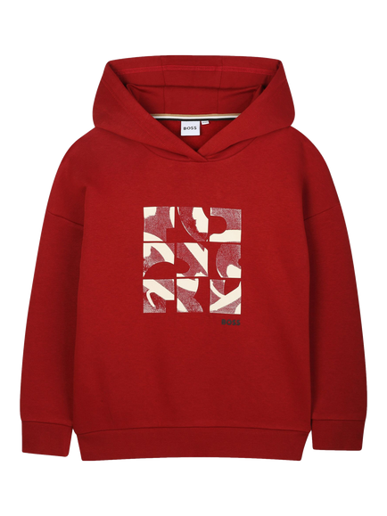 BOSS Kids' Cotton Blend Block Logo Hoodie, Dark Red, Dark Red