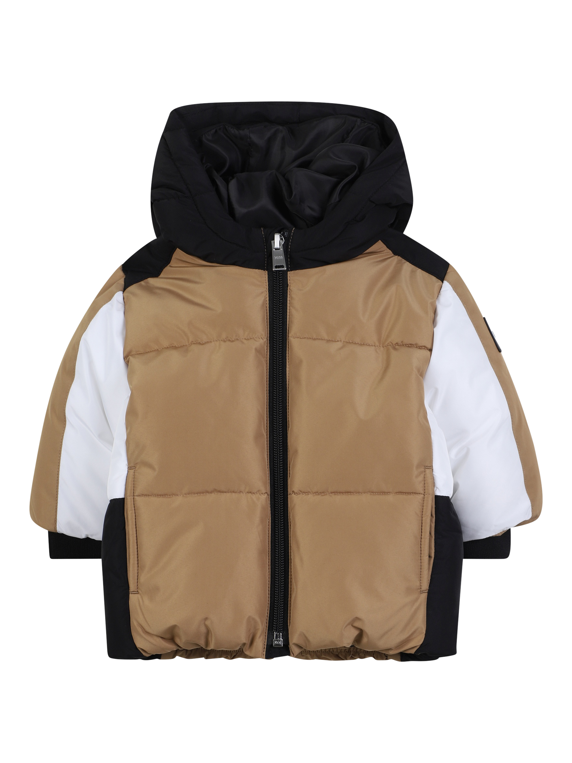 Product image 1 of 2, which shows HUGO BOSS Kids' Hooded Zip Front Colour Block Puffer Jacket, Cookie, 2 years