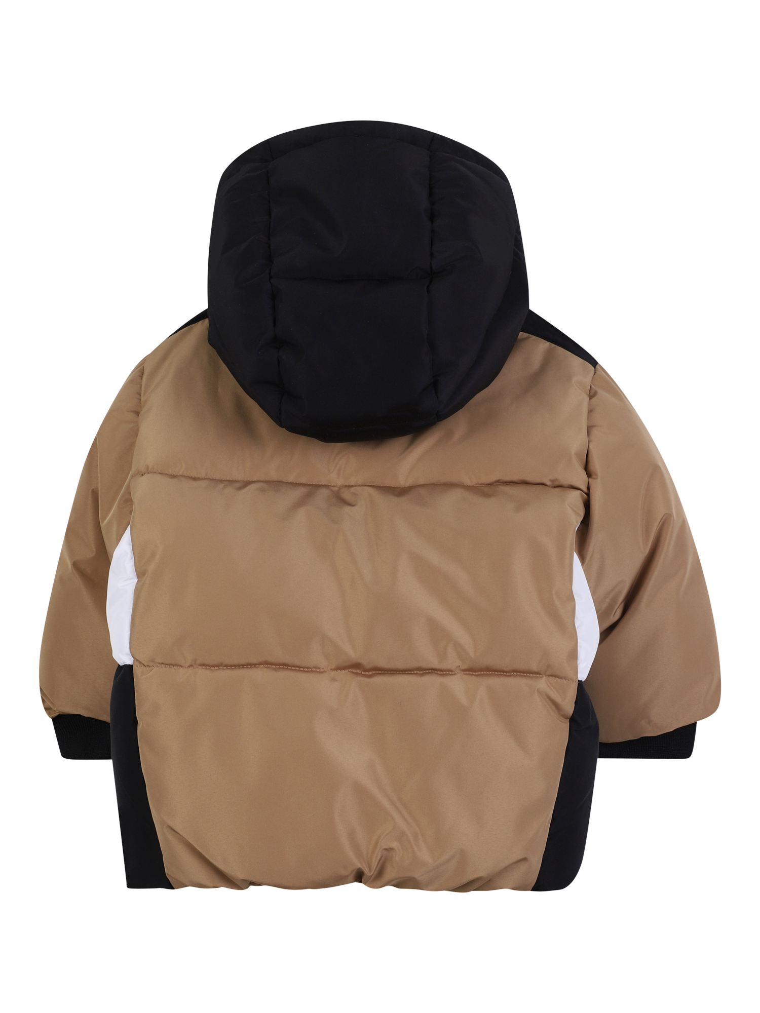 Product image 2 of 2, which shows HUGO BOSS Kids' Hooded Zip Front Colour Block Puffer Jacket, Cookie, 2 years