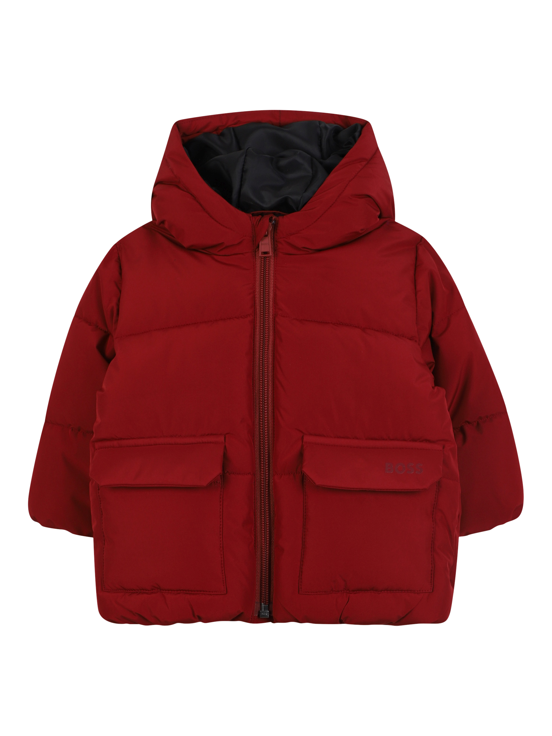 Product image 1 of 2, which shows HUGO BOSS Kids' Hooded Zip Front Puffer Jacket, Dark Red, 2 years