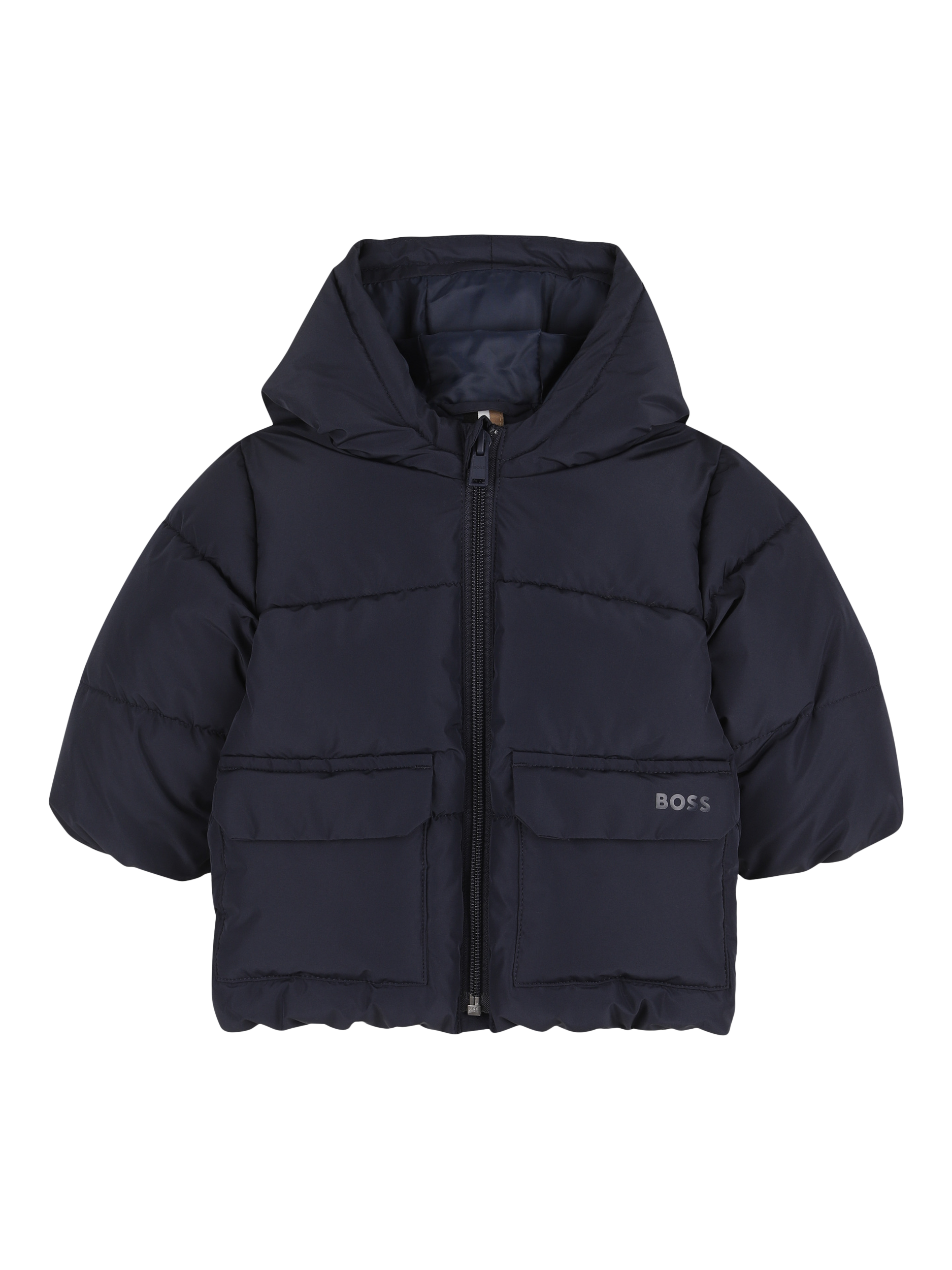 Product image 1 of 2, which shows HUGO BOSS Kids' Hooded Zip Front Puffer Jacket, Navy, 2 years