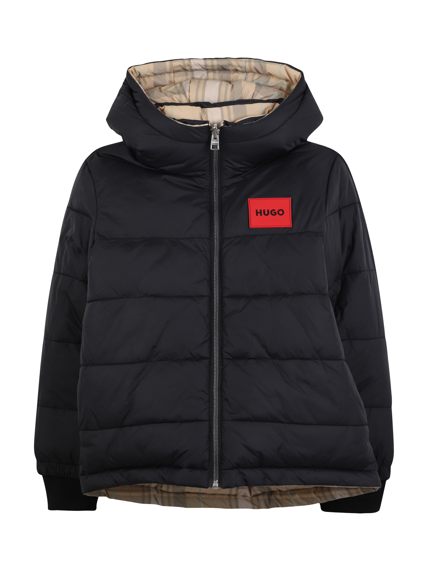 Product image 1 of 2, which shows HUGO BOSS Kids' Reversible Hooded Puffer Jacket, Stone, 4 years