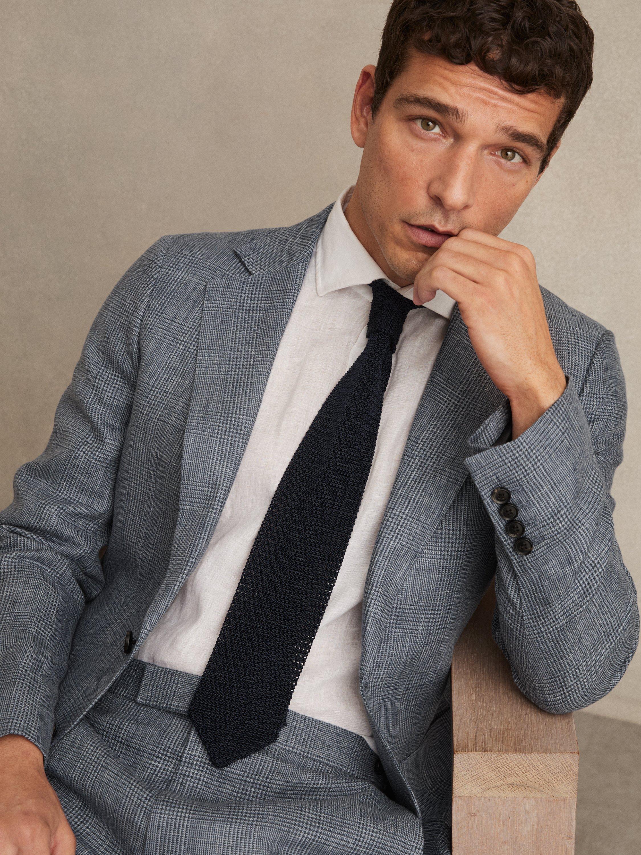 Product image 2 of 5, which shows Reiss Reef Slim Fit Single Breasted Check Linen Suit Blazer, Light Blue, 38