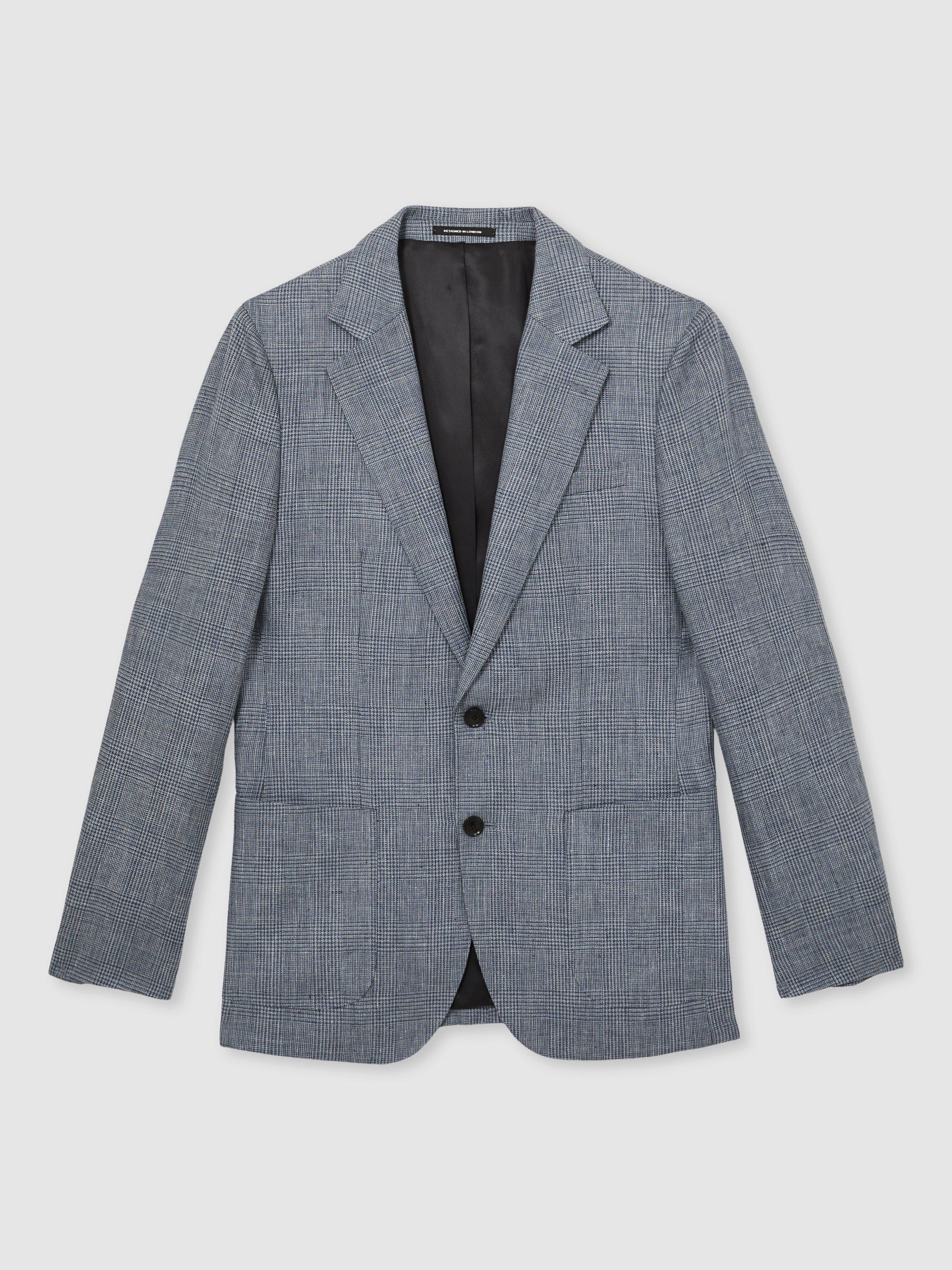 Product image 3 of 5, which shows Reiss Reef Slim Fit Single Breasted Check Linen Suit Blazer, Light Blue, 38