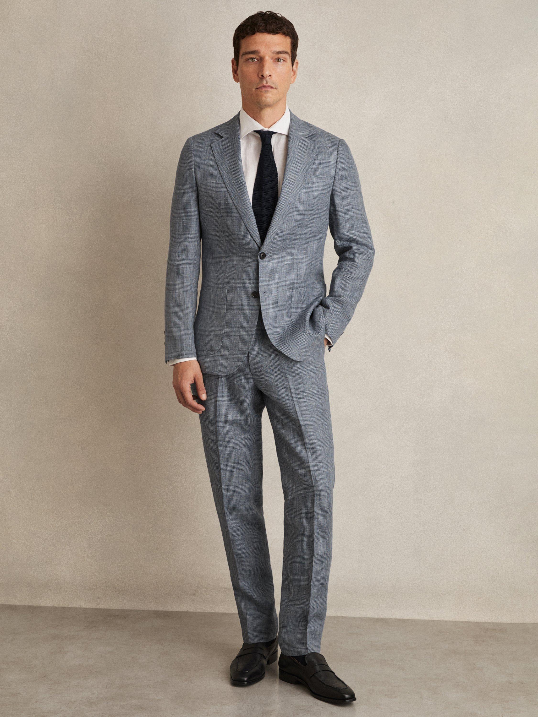 Product image 4 of 5, which shows Reiss Reef Slim Fit Single Breasted Check Linen Suit Blazer, Light Blue, 38