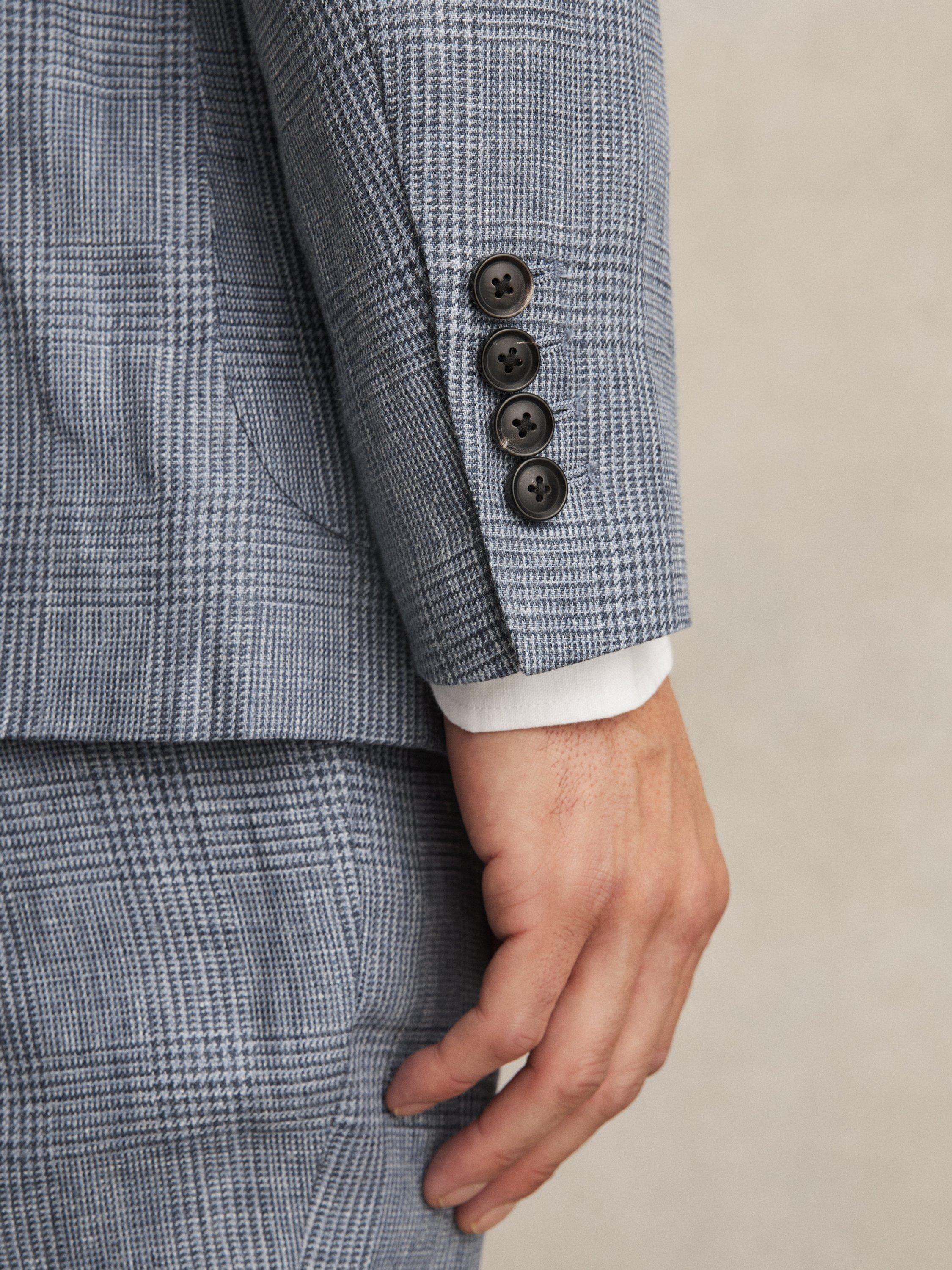 Product image 5 of 5, which shows Reiss Reef Slim Fit Single Breasted Check Linen Suit Blazer, Light Blue, 38