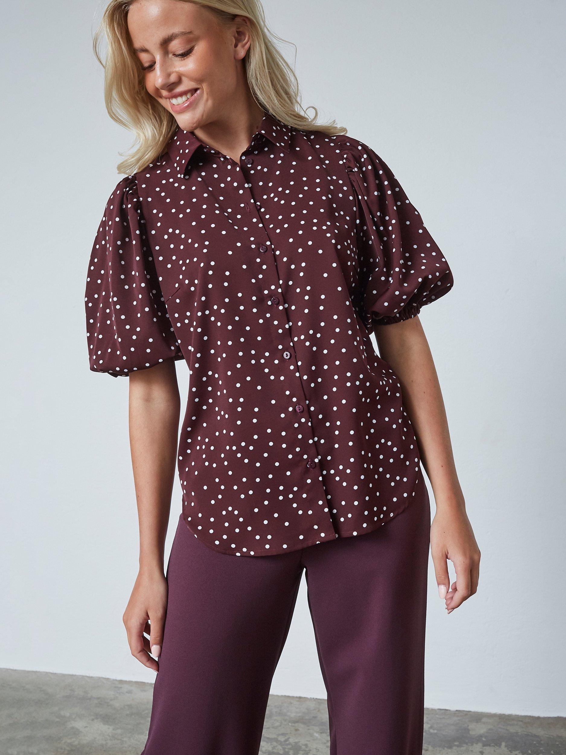 Sisters Point Ella Polka Dot Puff Sleeve Shirt, Bordeaux/White