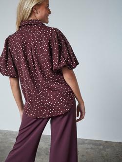 Sisters Point Ella Polka Dot Puff Sleeve Shirt, Bordeaux/White - view 2, Bordeaux/White