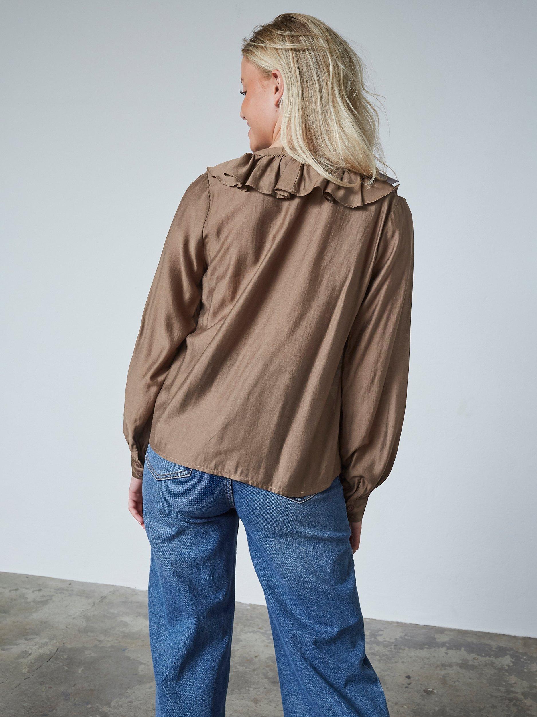 Product image 2 of 5, which shows Sisters Point Velisa Ruffle Neck Shirt, Cappuccino, XS