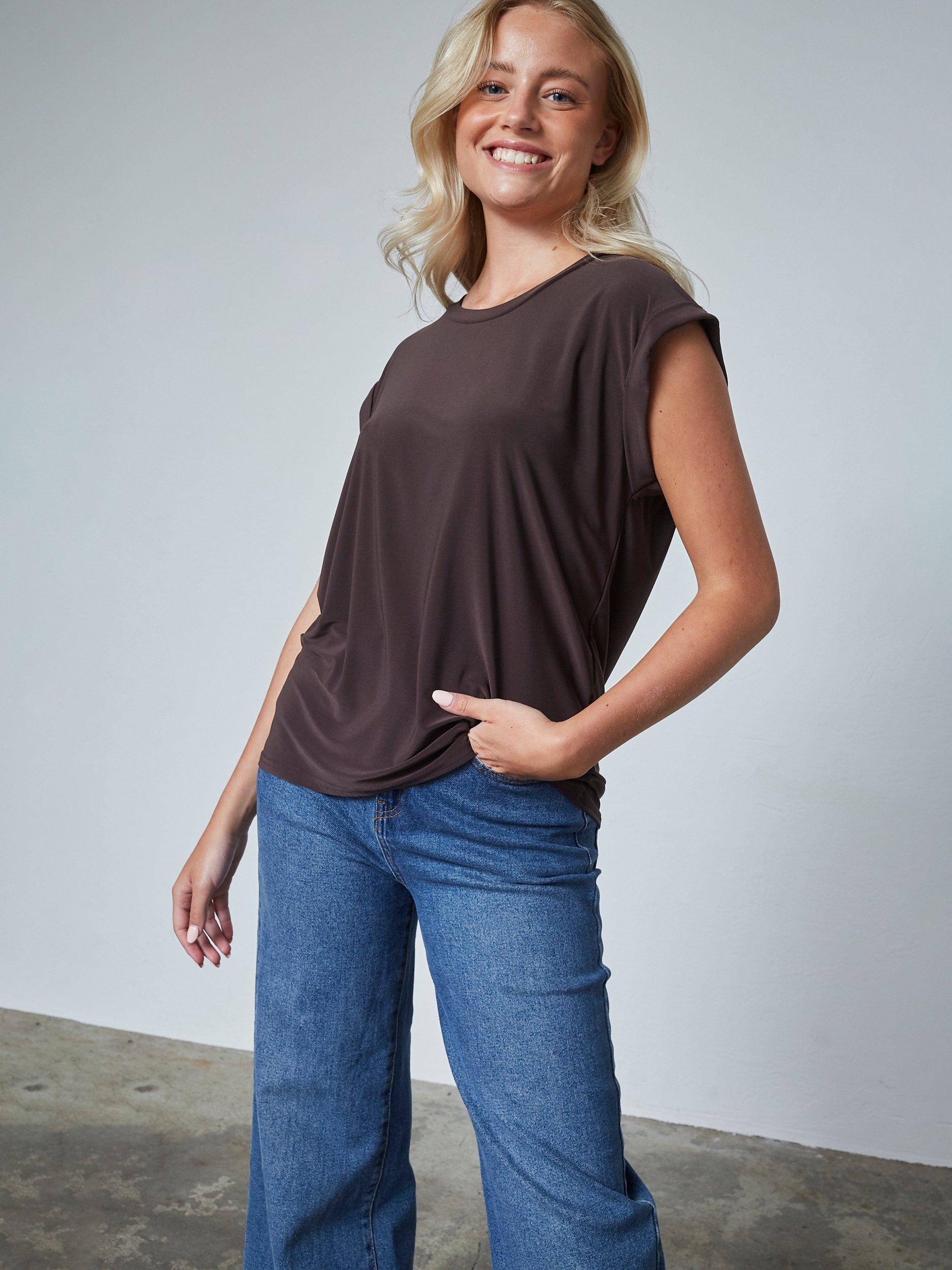 Product image 1 of 5, which shows Sisters Point Low Cap Sleeve T-Shirt, Chocolate, XS